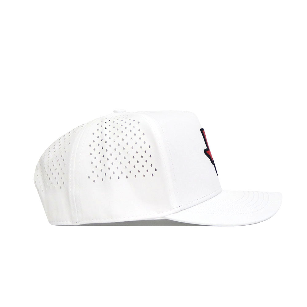 The No Rivals Texas Golf Hat - Red is a white snapback made from a polyester-cotton blend with side ventilation holes, a curved brim, and a front featuring a partially visible embroidered red and black logo.