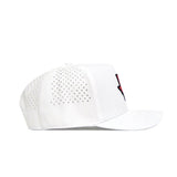 The No Rivals Texas Golf Hat - Red is a white snapback made from a polyester-cotton blend with side ventilation holes, a curved brim, and a front featuring a partially visible embroidered red and black logo.