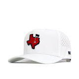 The No Rivals Texas Golf Hat - Red is a white snapback cap with an embroidered red Texas outline and black golf flag on the front. Made from a polyester-cotton blend, it features side ventilation holes and a curved brim.