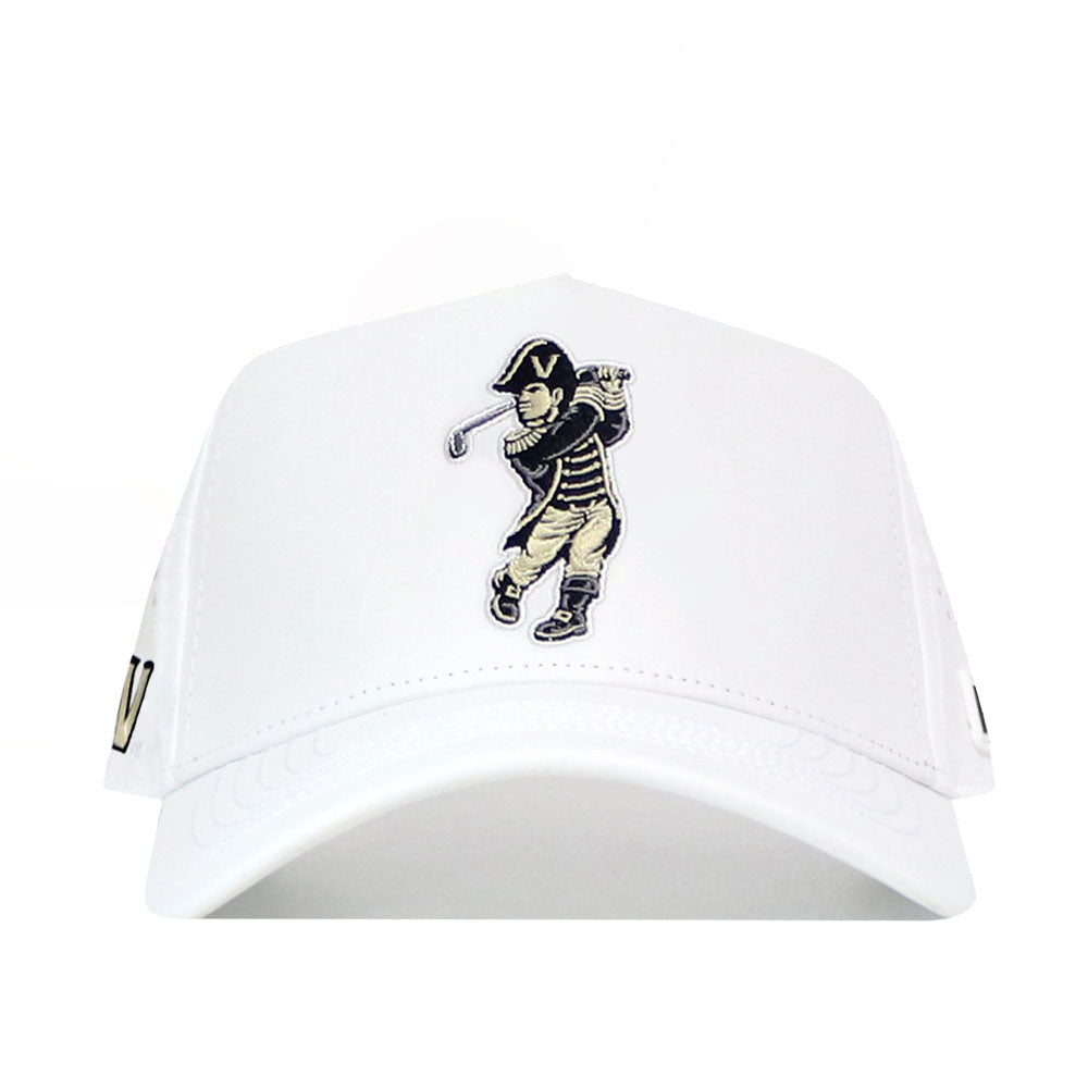 The No Rivals Vanderbilt Golf Hat - White is a snapback hat featuring embroidered graphics of a vintage cartoon golfer swinging a club, with a "V" on the golfer's hat.