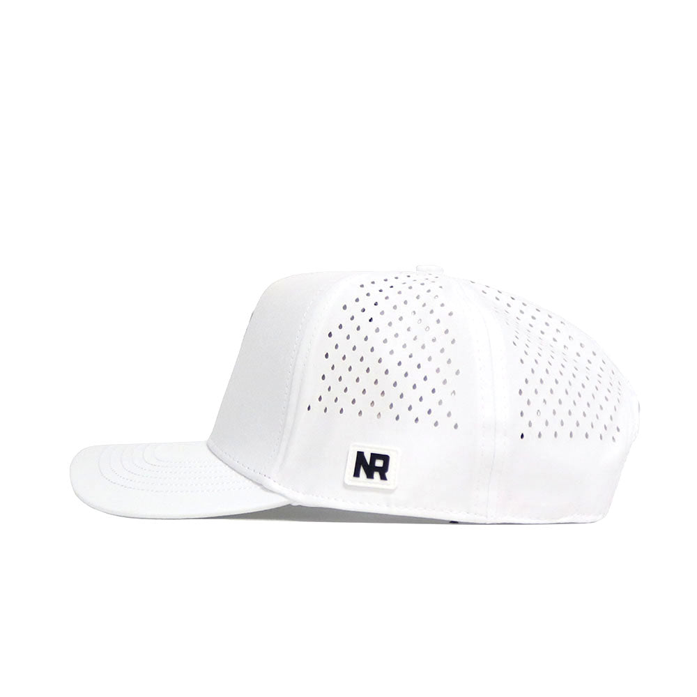 The Vanderbilt Golf Hat - White by No Rivals is a snapback with side and back perforations and a black NR logo patch.