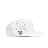 The No Rivals Vanderbilt Golf Hat in white features small ventilation holes and a black and gold embroidered V logo on the side, displayed in a side profile view.
