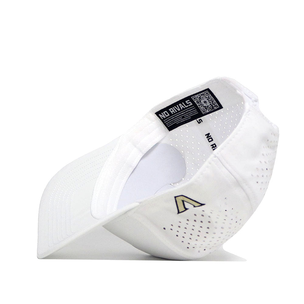 The Vanderbilt Golf Hat by No Rivals is shown upside down, displaying perforated side panels, a curved brim, a triangular logo on the side, and an inner band with the NO RIVALS tag.