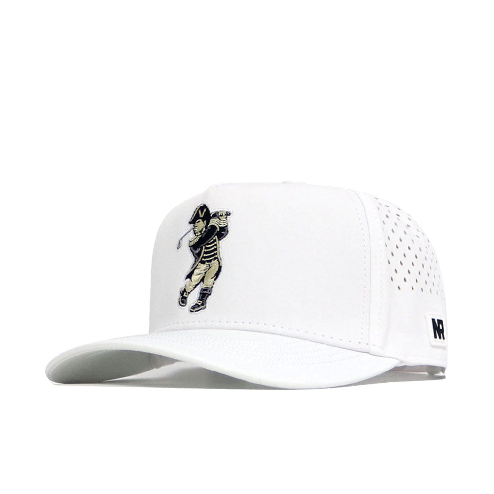 The No Rivals Vanderbilt Golf Hat in white features embroidered golfer graphics on the front, side ventilation holes, and an adjustable snap back for a comfortable fit.