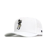 The No Rivals Vanderbilt Golf Hat in white features embroidered golfer graphics on the front, side ventilation holes, and an adjustable snap back for a comfortable fit.