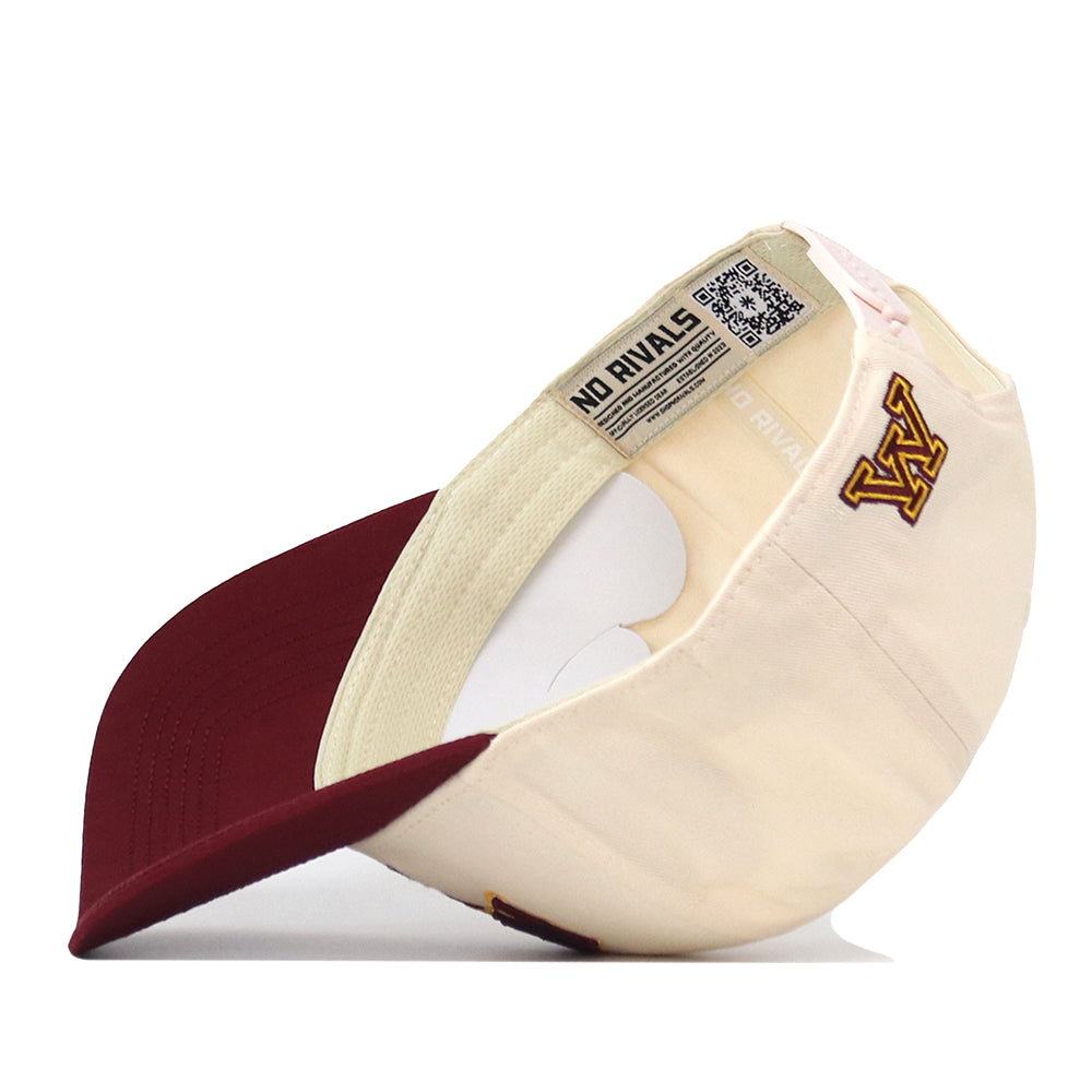 The Minnesota Gopher Stadium Hat by No Rivals is a maroon and cream snapback featuring an embroidered M logo. The hat’s underside reveals the brim, inner details, and officially licensed embroidered logos, along with an interior tag that reads “NO RIVALS” beside a QR code.