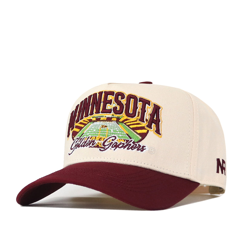 Show your Minnesota pride with the No Rivals Minnesota Gopher Stadium Hat, a beige and maroon snapback featuring embroidered Minnesota Golden Gophers and football field logos on the front. This officially licensed cap is perfect for authentic team supporters.