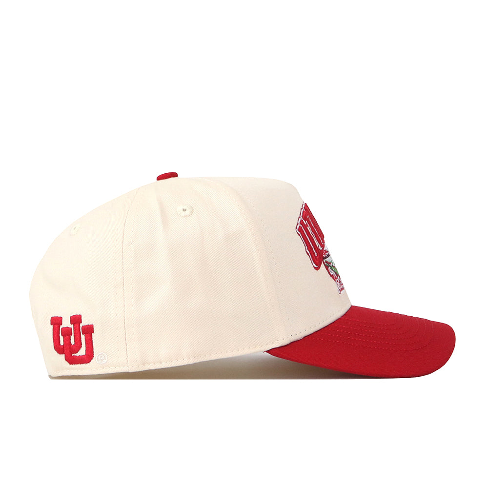 Introducing the Utah Utes Stadium Hat by No Rivals—a cream-colored snapback with a bold red bill, featuring an officially licensed red WJ logo on the side and embroidered details on the front.