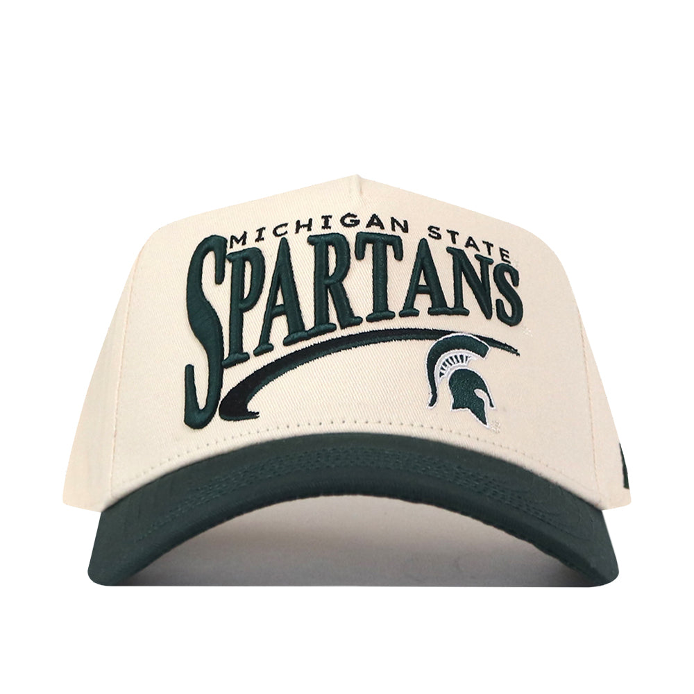 The Michigan State Spartans Stride Hat by No Rivals is a white and green snapback cap featuring an embroidered Michigan State Spartans name and Spartan helmet logo on the front, crafted from high-quality cotton for a comfortable, structured fit.
