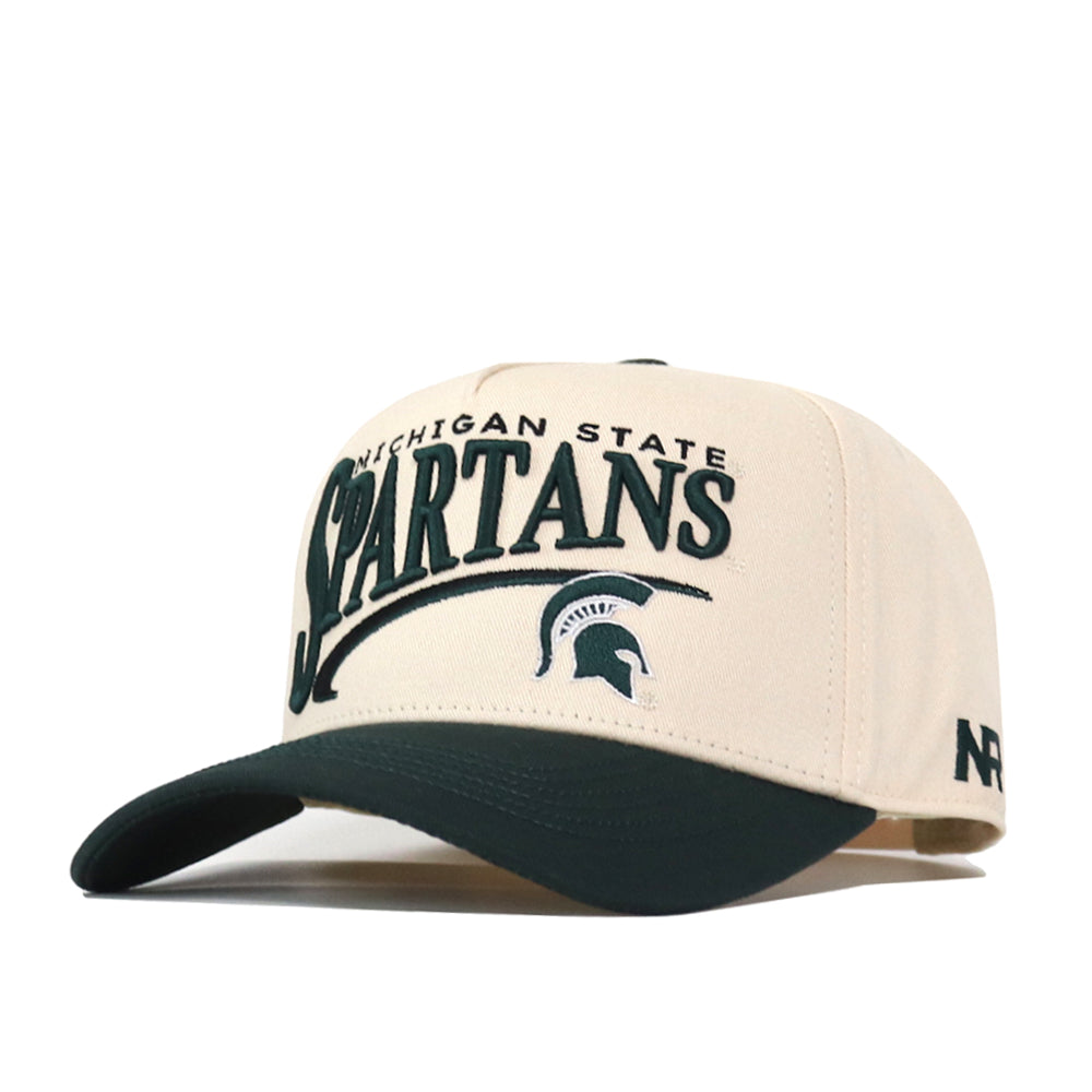 Show your Michigan State team spirit with the No Rivals Michigan State Spartans Stride Hat, featuring a stylish cream and green colorway. This structured fit snapback is crafted from high quality cotton and showcases the Michigan State Spartans name and Spartan helmet logo embroidered prominently on the front, delivering both comfort and classic team pride.