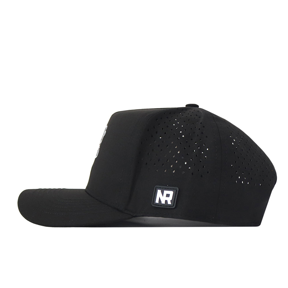 A black Alabama Crimson Tide Football Mascot Hat by No Rivals, shown in profile with small ventilation holes and an NR embroidered logo patch on the side, crafted from performance fabric and featuring an adjustable snap back.