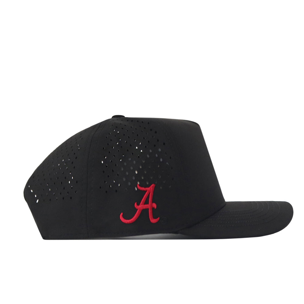 Alabama Crimson Tide Football Mascot Hat in black by No Rivals, made from performance fabric with side ventilation holes and a red embroidered “A” logo on the front panel, displayed in a side profile view.