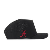 Alabama Crimson Tide Football Mascot Hat in black by No Rivals, made from performance fabric with side ventilation holes and a red embroidered “A” logo on the front panel, displayed in a side profile view.
