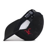 A black “Alabama Crimson Tide Football Mascot Hat” by No Rivals is shown flipped upside down, revealing the inside label and its perforated design. The hat features a red embroidered logo on the brim, highlighting No Rivals’ attention to detail.