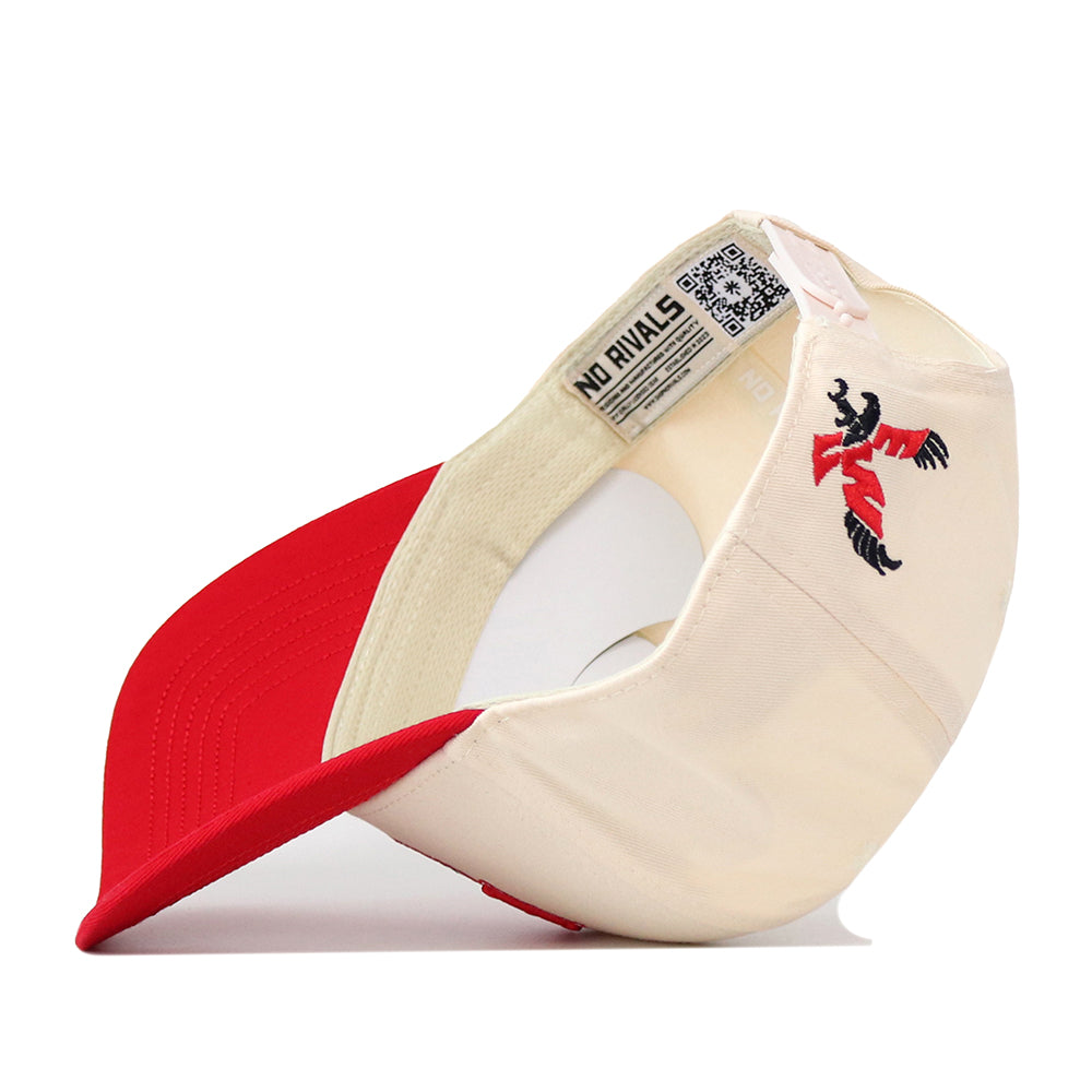 The EWU Eagles Stadium Hat by No Rivals is shown flipped inside out, revealing a NO RIVALS label, a QR code, and a black and red embroidered bird graphic on the side. Made from performance fabric, this red and beige snapback stands out with its striking embroidered logo.