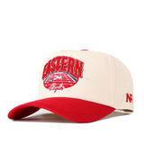 Introducing the EWU Eagles Stadium Hat by No Rivals—a cream and red baseball cap featuring “Eastern Eagles” embroidered in red above an eagle logo on the front. The brim is red, and a signature red NR logo accents the side. Made with performance fabric for comfort, this hat includes a snapback closure for an adjustable fit.