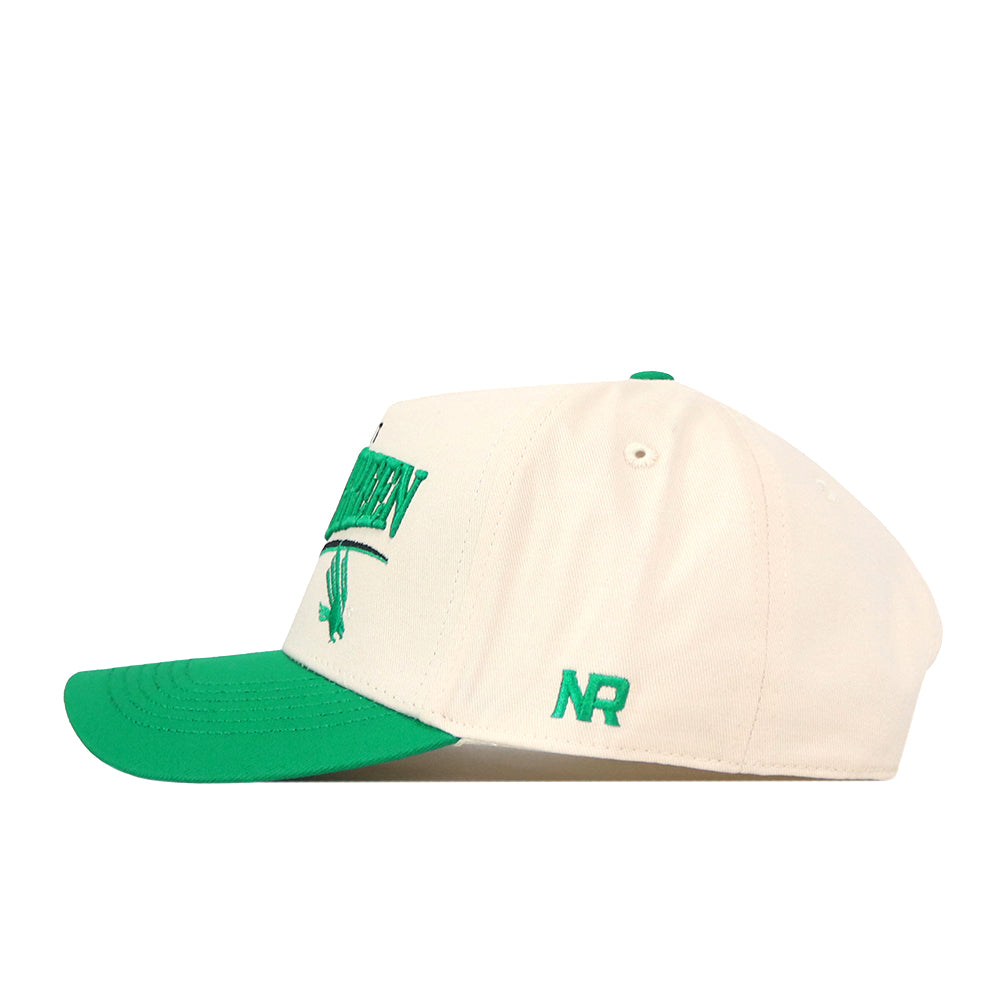 The No Rivals North Texas Mean Green Stride Hat features a cream-colored snapback design with a green brim and green embroidered logos, including “NR” on the side. Shown from a side view against a white background, this cap is perfect for elevating any game day fit.