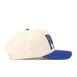 Introducing the Florida Gators Stride Hat by No Rivals—a stylish white baseball cap with a bold blue brim, shown in a side profile. The front displays large, embroidered blue lettering accented by a subtle red detail. Made from premium quality cotton, this cap delivers exceptional comfort and long-lasting durability.