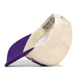 The TCU Horned Frogs Stride Hat by No Rivals is displayed on its side, revealing the inner label and adjustable strap. This snapback cap features a beige and purple colorway with officially licensed embroidered logos for a refined finish.