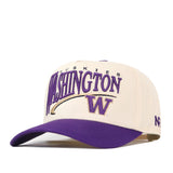 The No Rivals Washington Huskies Stride Hat is a white and purple snapback featuring officially licensed embroidered logos, including “Washington Huskies” and a large purple “W” on the front.