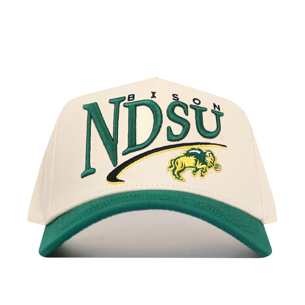 Show your team spirit with the No Rivals North Dakota State Bison Stride Hat—a cream and green snapback featuring bold embroidered NDSU Bison logos on the front, plus a bison mascot beneath the text. The perfect finishing touch for your gameday look.