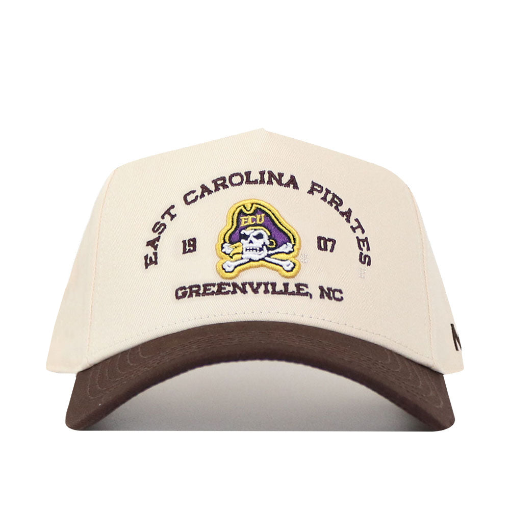 Show your Pirates pride with the No Rivals ECU Pirates Outlaw Hat - Classic, a beige and brown baseball cap featuring a striking embroidered "East Carolina Pirates Greenville, NC" logo and pirate emblem on the front—just right for your next gameday outfit. Designed for comfort, this hat also includes a snap back closure for an adjustable fit.