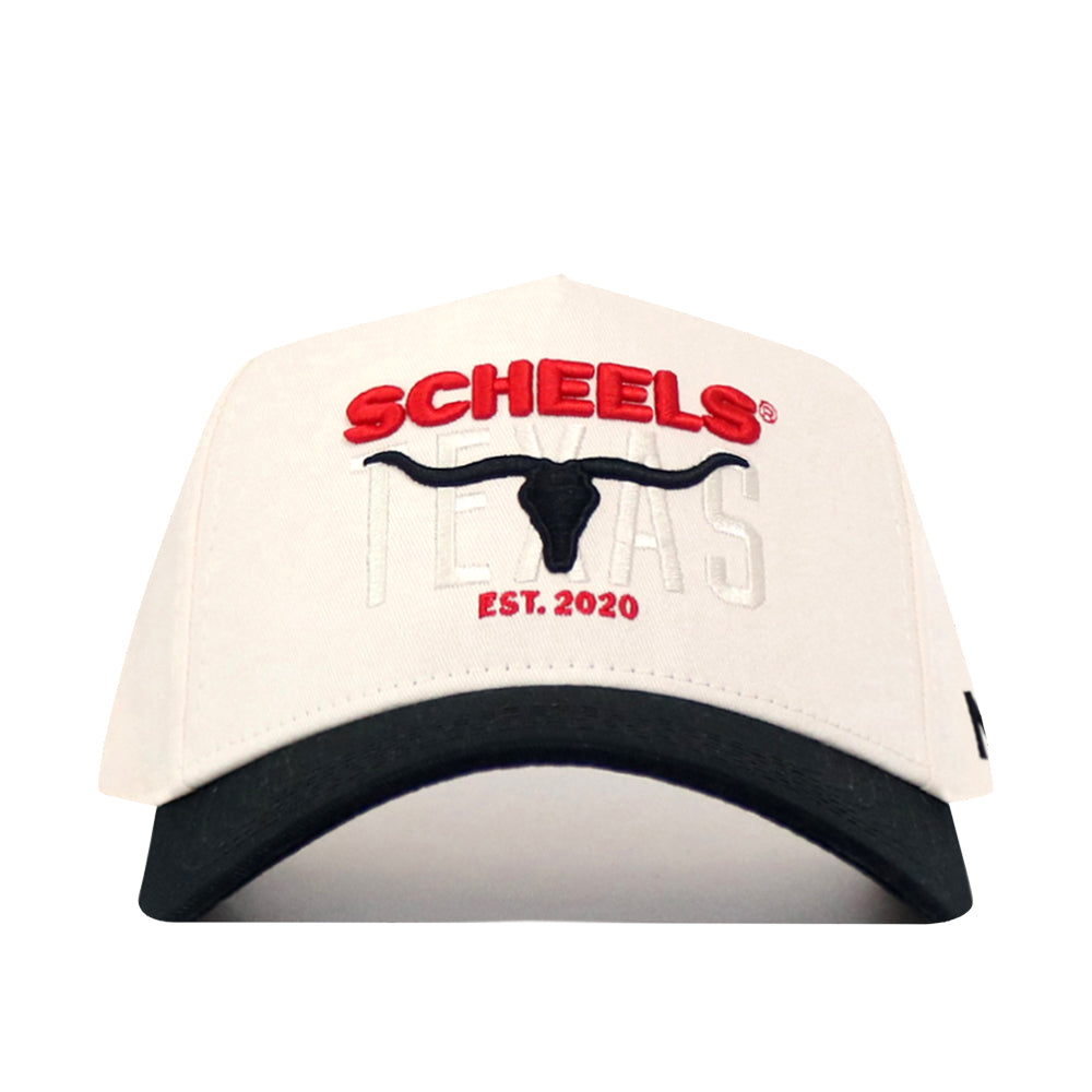 The Scheels Longhorn Hat - Black is a white snapback cap with a black brim, featuring embroidered SCHEELS in red, TEXAS in white, a black longhorn silhouette, and EST. 2020 in red on quality cotton for lasting comfort.