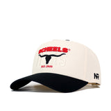 The Scheels Longhorn Hat - Black is a beige and black snapback featuring "SCHEELS" in red, a black longhorn graphic, and "EST. 2020" on the front. Made from high-quality cotton, this cap also displays "NR" lettering on the side for extra style.