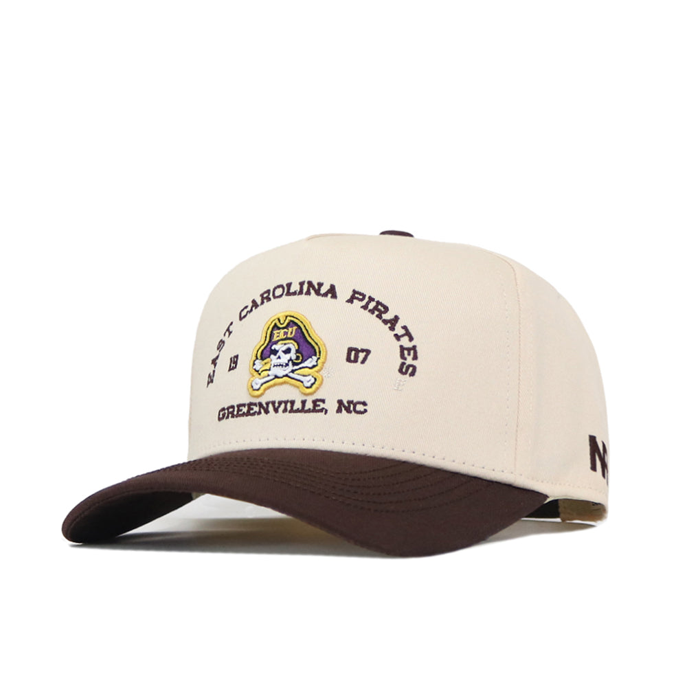 The ECU Pirates Outlaw Hat - Classic by No Rivals is a beige and brown snapback baseball cap showcasing an embroidered East Carolina Pirates logo, “EAST CAROLINA PIRATES 1907 GREENVILLE, NC” text on the front, and an “N” on the side—making it the perfect gameday fit for any fan.