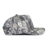 The No Rivals NC State Outland Hat is a structured-fit snapback with a camouflage pattern, shown in side view on a white background, crafted from premium cotton.