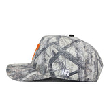 A side view of the No Rivals Tennessee Outland Hat shows its gray camo pattern, orange front logo, white "N3" on the side, flat brim, black top button, and structured fit for lasting comfort.
