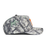 Side view of the No Rivals Tennessee Outland Hat, a structured-fit snapback with a gray, green, and black camo pattern, an orange logo on the front, and a flat brim.