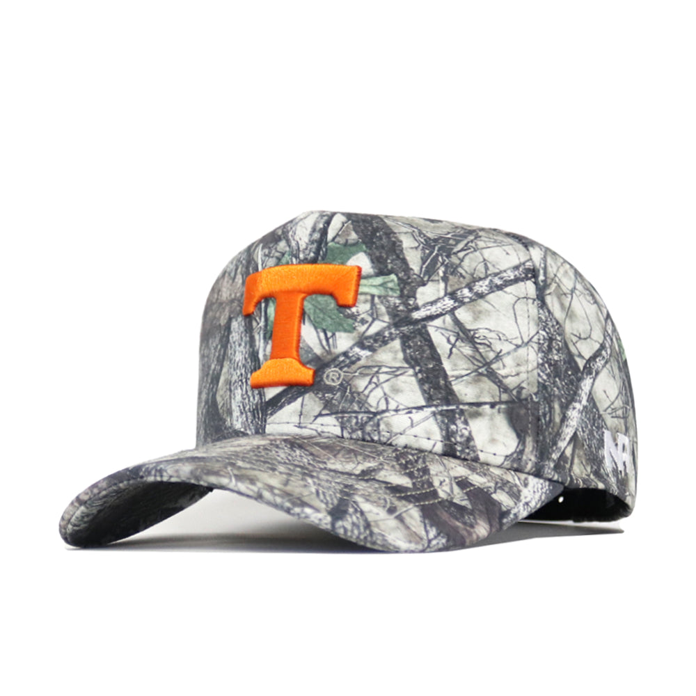 The No Rivals Tennessee Outland Hat is a structured camo baseball cap with an orange T on the front, white N logo on the side, and an adjustable snapback closure for comfort.