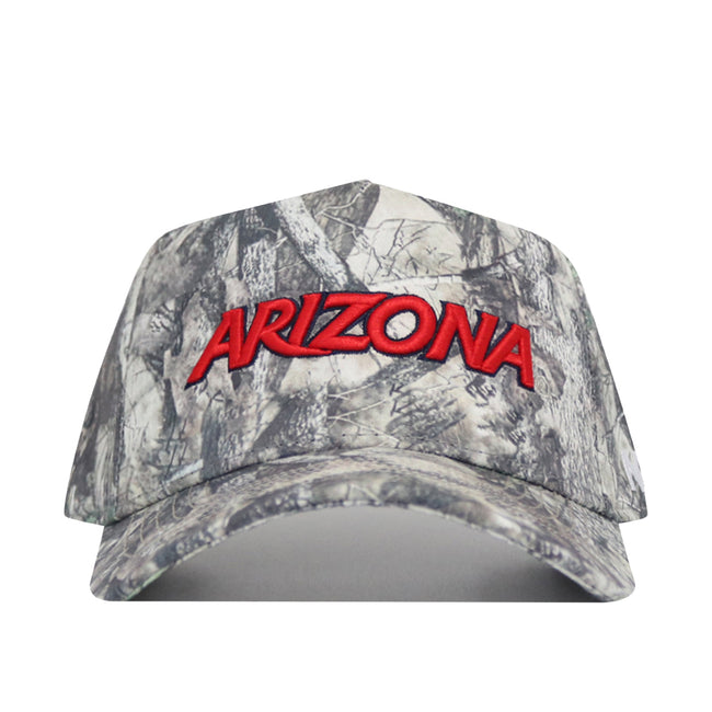 The No Rivals Arizona Outland Hat is a high-quality cotton baseball cap with a camouflage pattern, bold red "ARIZONA" embroidery on the front, and an adjustable snap back closure for comfort.