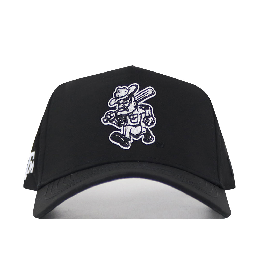 The No Rivals Texas A&M Ol' Sarge Baseball Hat in black features a white embroidered cartoon Ol' Sarge with a bat, hat, and boots on the front. Made from a polyester cotton blend, this snapback has a structured fit and plain white background.