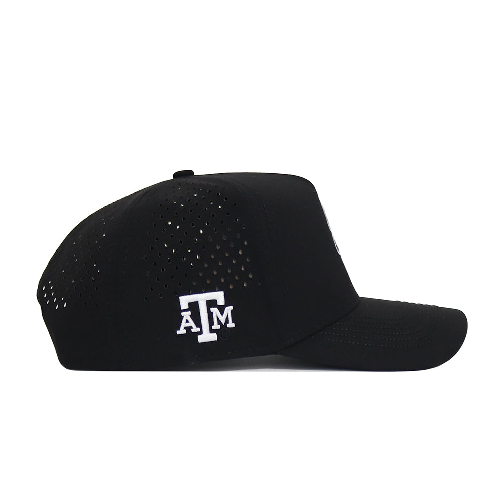 The No Rivals Texas A&M Ol' Sarge Baseball Hat in black is a structured snapback with ventilation holes and an embroidered white ATM logo on the side, shown in profile. Made from a durable polyester-cotton blend.