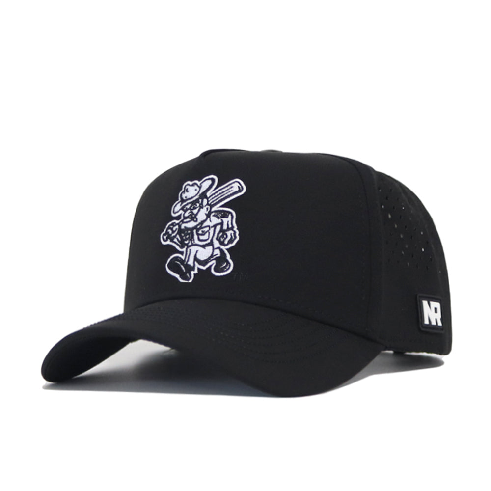 The No Rivals Texas A&M Ol' Sarge Baseball Hat in black features a white cartoon bear with a hat and backpack, made from a comfy polyester-cotton blend, and has an NR patch on the left side.