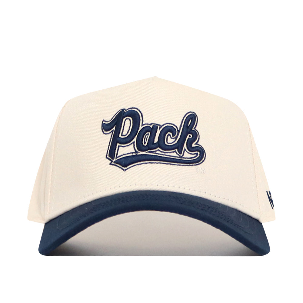 The No Rivals Nevada Logo Patch Hat is a white cap with a navy brim, featuring "Pack" in stylized navy 3D embroidery on the front and a snapback closure.