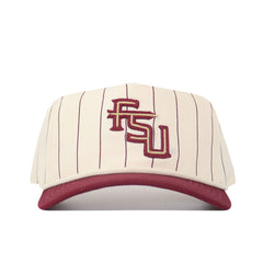 The Florida State Pinstripe Hat (B2B) features a cream color with thin maroon pinstripes, a large embroidered maroon FSU logo, solid maroon brim, and an unstructured fit for comfort.