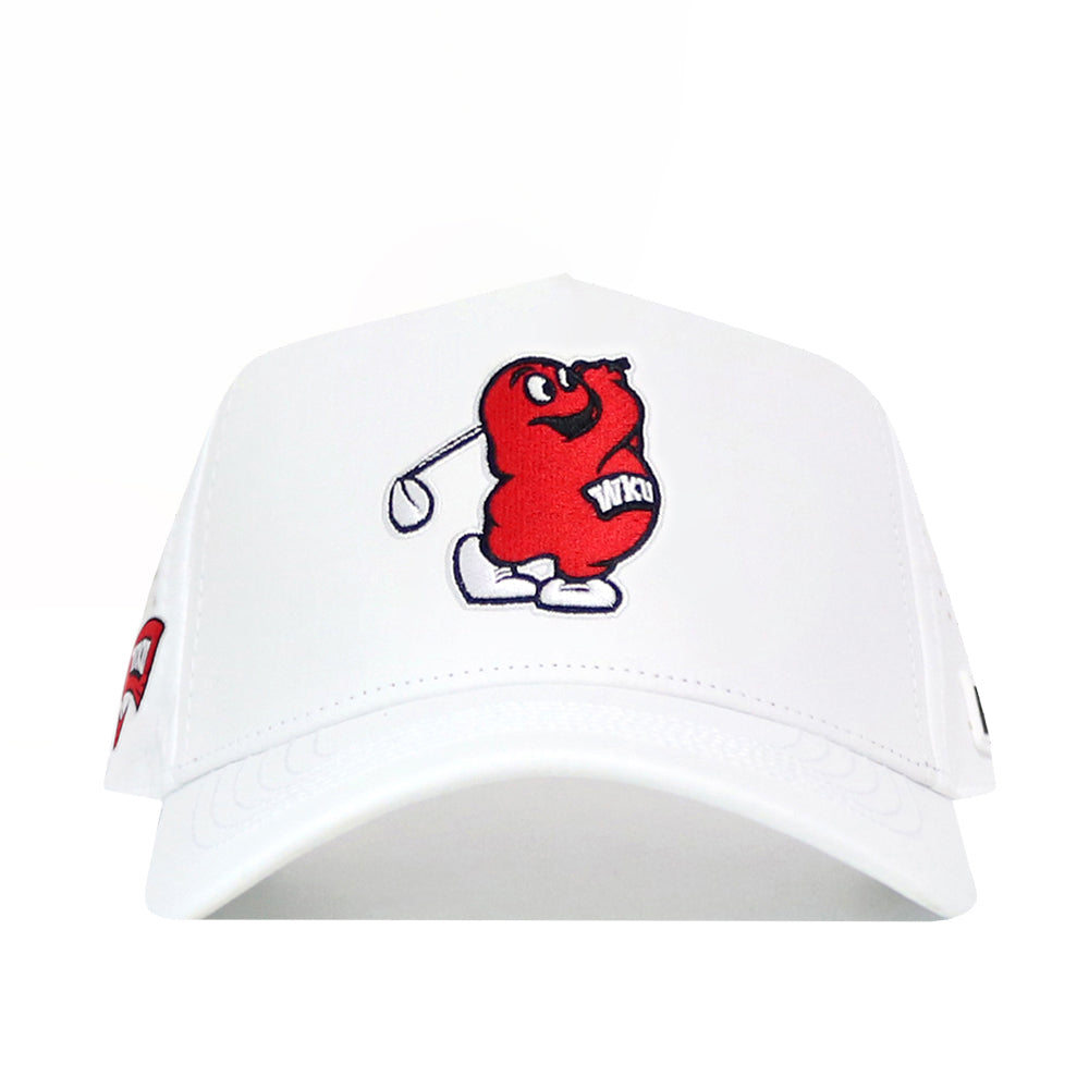The No Rivals WKU Golf Hat - White features a red cartoon character with "WKU" on its chest swinging a club, plus a snap back closure for an adjustable fit.