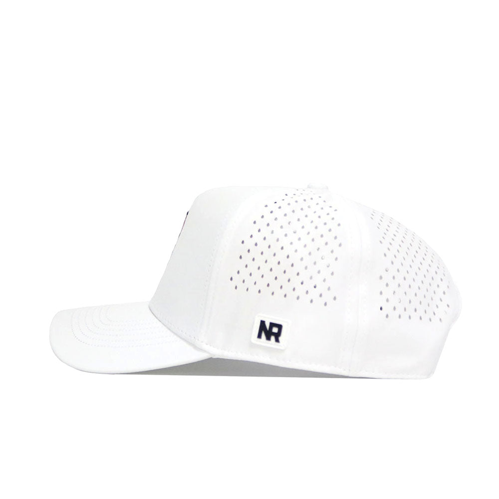 The No Rivals WKU Golf Hat in white features premium structured design, perforated side panels for ventilation, a small black NR logo patch near the back, and an adjustable snapback closure. Shown here in a side view.