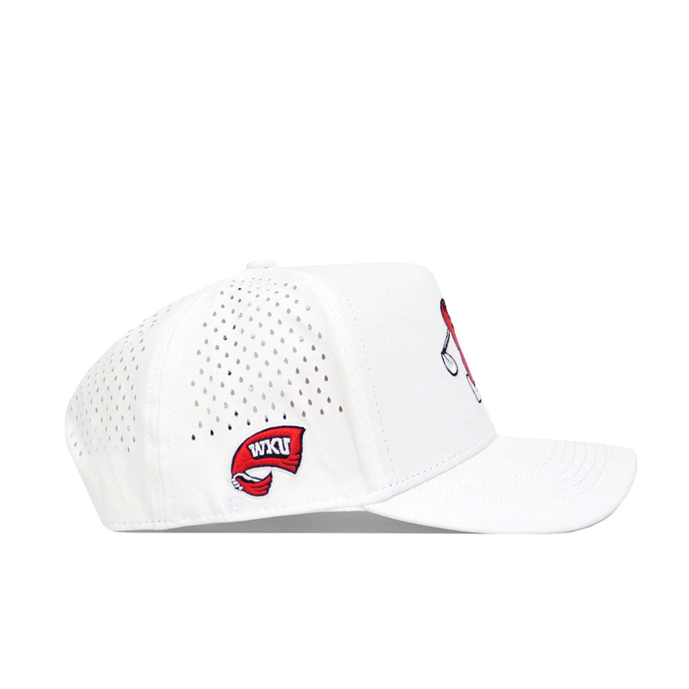 The No Rivals WKU Golf Hat - White features perforated side panels for ventilation, a red WKU logo patch, curved brim, sporty design, and an adjustable snap back closure.