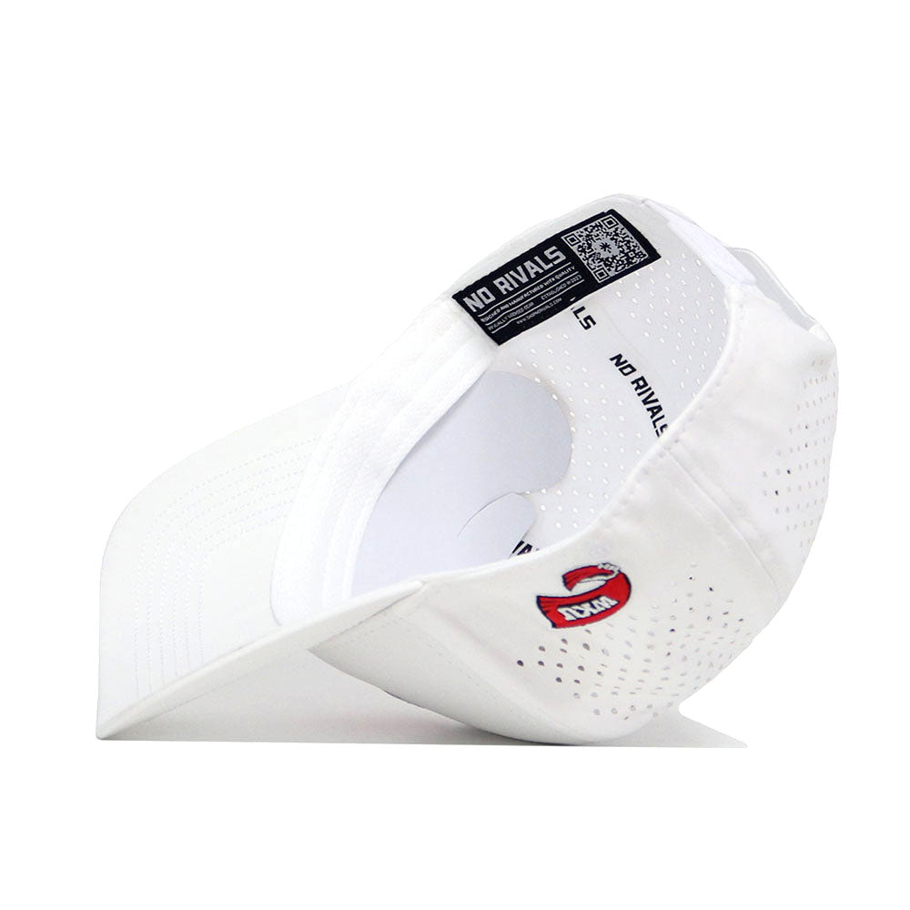 The WKU Golf Hat - White by No Rivals is shown upside down, highlighting black No Rivals branding inside, a QR code, and a small red patch with No Rivals on the outer side near the brim.