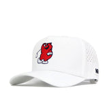 The No Rivals WKU Golf Hat - White features a cartoon red Kool-Aid Man logo on the front and perforated side panels, shown at an angle for a stylish look.