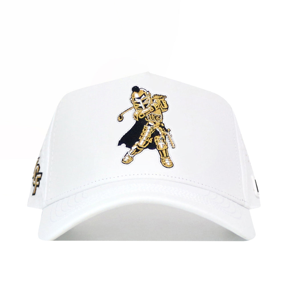 The No Rivals UCF Golf Hat in white features an embroidered gold and black knight mascot on the front, small side details, and a snapback closure for adjustable fit.
