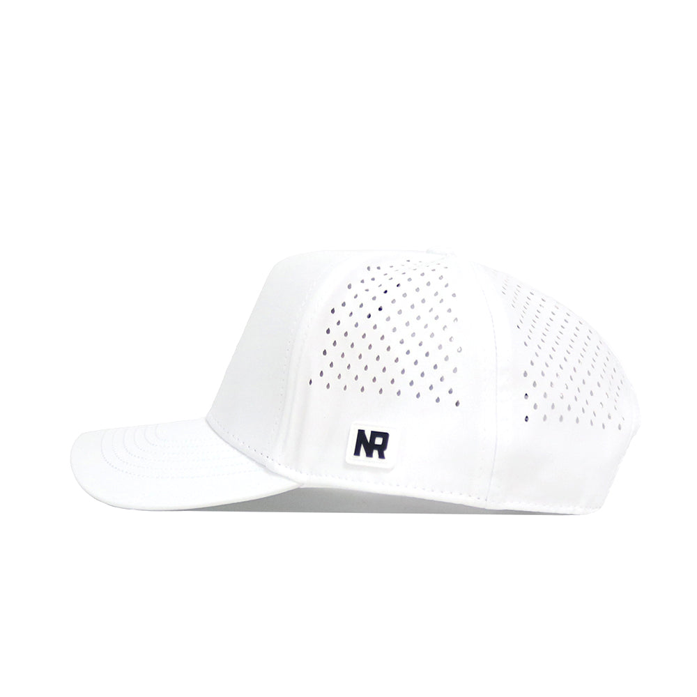 The No Rivals UCF Golf Hat - White features side and back perforations, an embroidered NR logo patch above the brim, and a snapback closure. Shown in a side view on a white background.