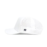 The No Rivals UCF Golf Hat - White features side and back perforations, an embroidered NR logo patch above the brim, and a snapback closure. Shown in a side view on a white background.