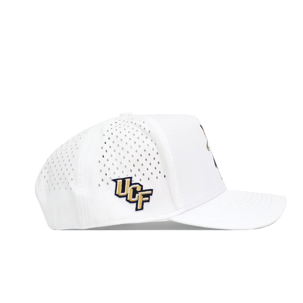 The No Rivals UCF Golf Hat - White features a flat brim, structured front panel, gold and black UCF logo embroidery, perforated side design, and an adjustable snapback closure.
