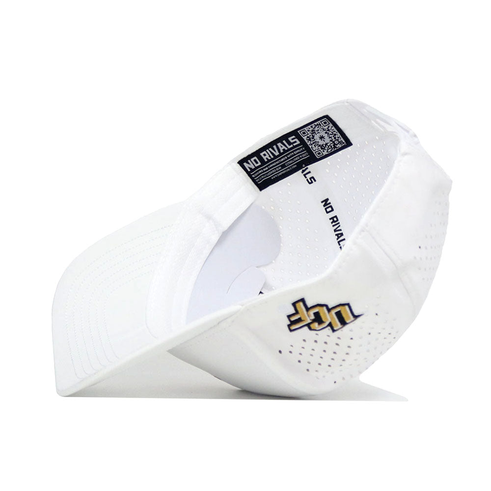 The UCF Golf Hat - White by No Rivals features black and gold embroidered UCF graphics, a “NO RIVALS” print and QR code inside the sweatband, plus an adjustable snapback closure for a custom fit.