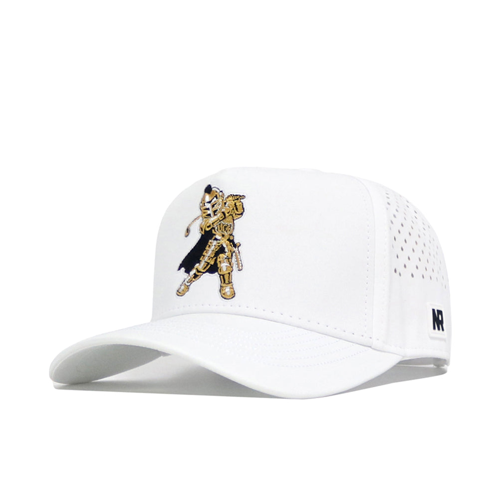 The UCF Golf Hat - White by No Rivals features embroidered gold and black armored knight graphics on the front, ventilation holes, a black NR logo tag on the left, and an adjustable snapback closure for comfort.